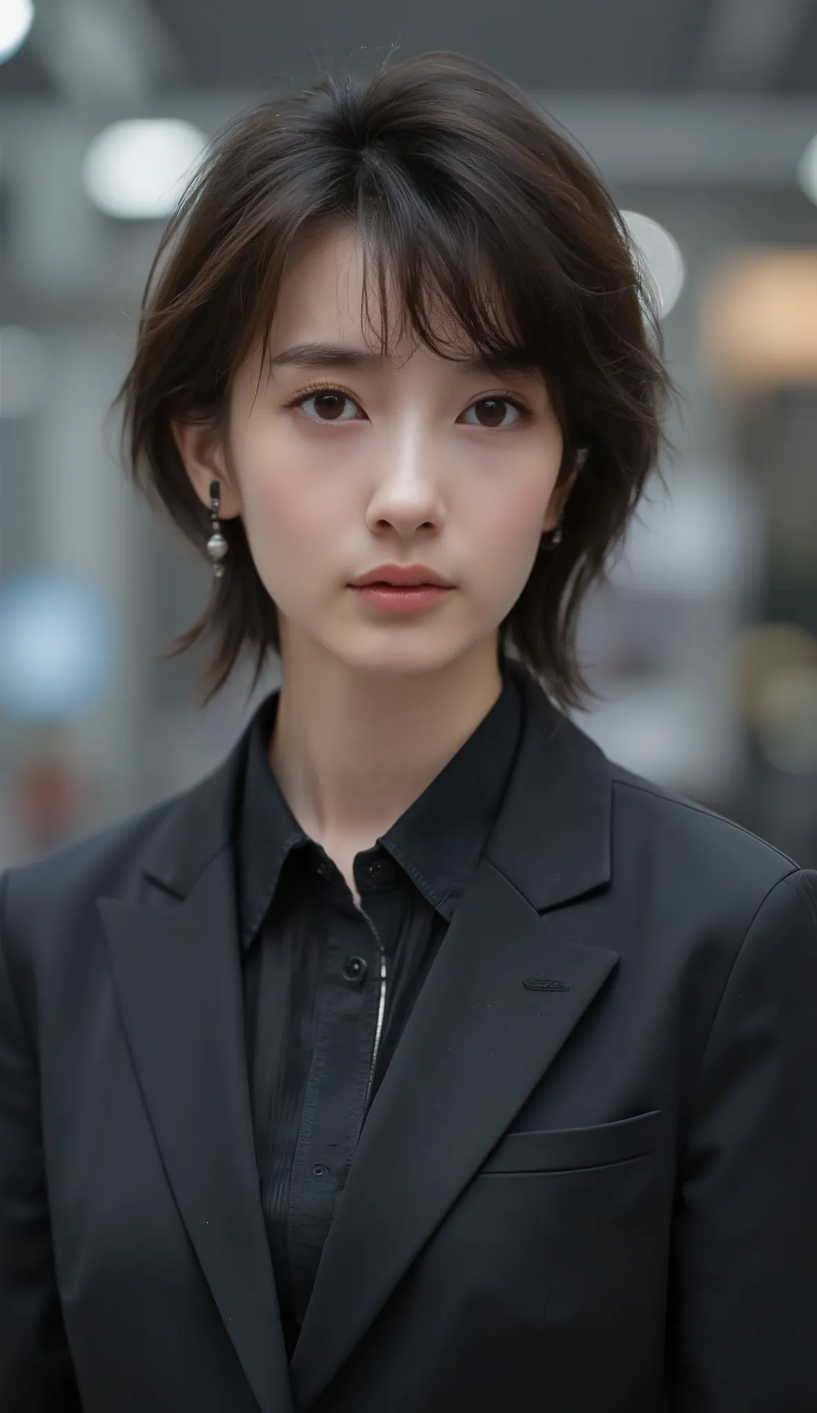 Neat Young Woman、and look at the camera、dark eyeshadow、 pale brown hair、Hairstyle Shortcuts、歯を見せた笑顔、office lady suit、jacket、shirt、、Background is in a room、
