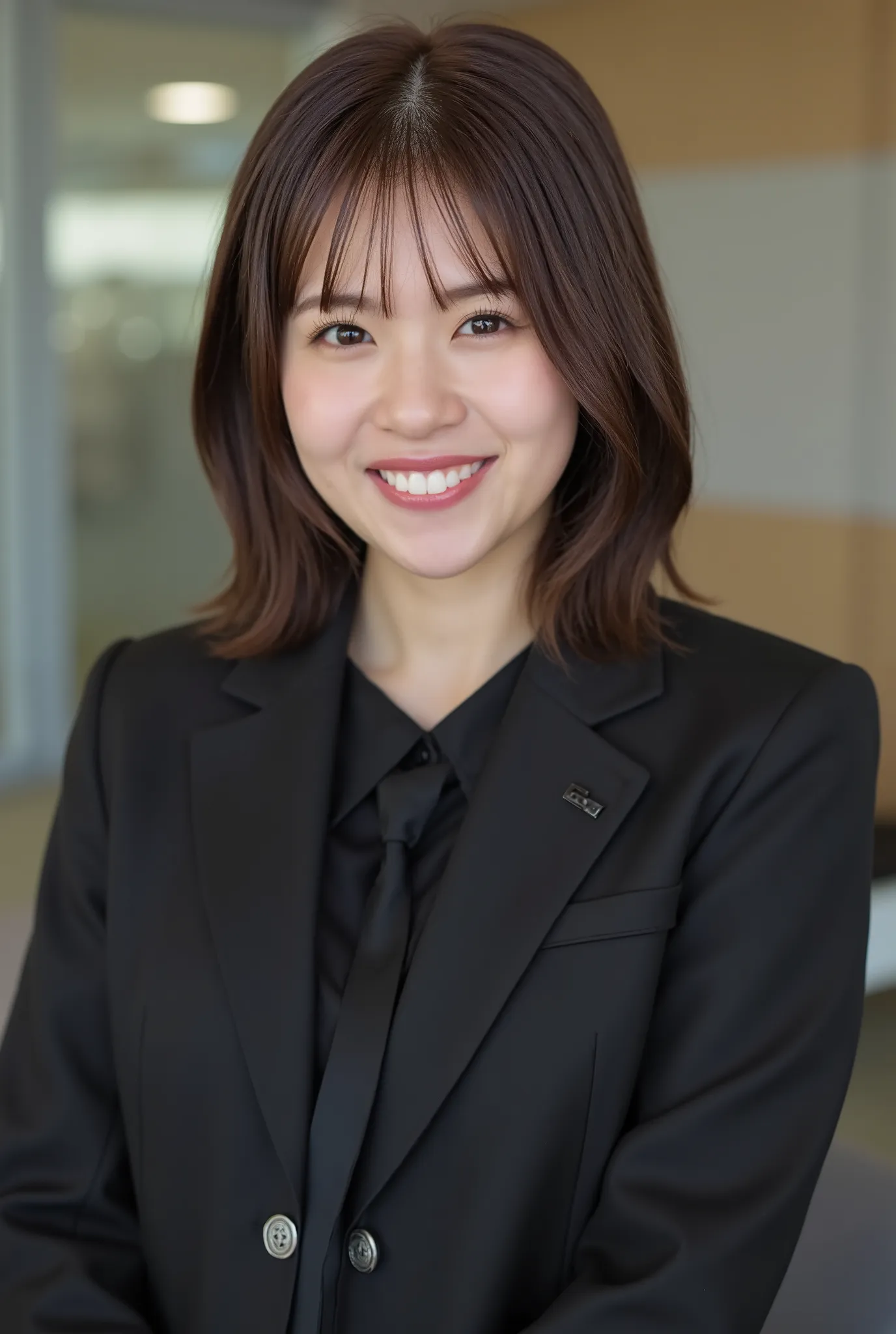 Neat Young Woman、and look at the camera、smile showing teeth、office lady suit、jacket、shirt、髪型ショートカット、耳にピアス、、 、dark eyeshadow、upper body、Background is in a room、