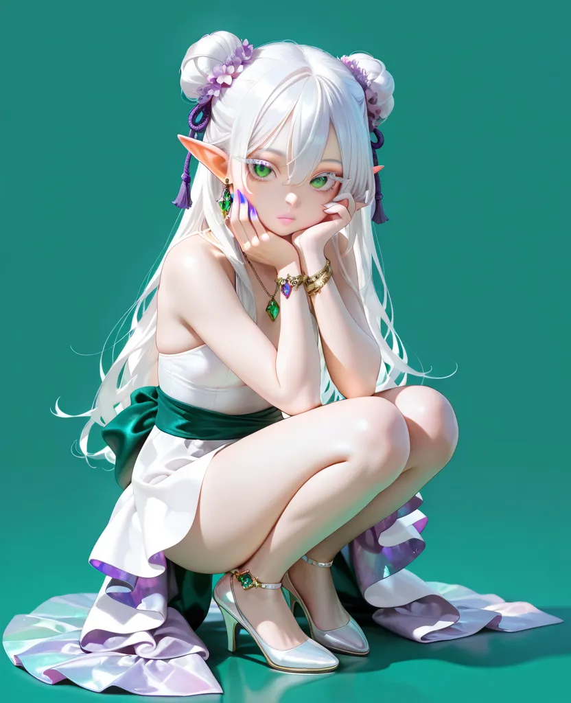 masterpiece,Highest Quality,Ultra High Definition,Photorealistic,8K Ultra HD,ultra high definition,solo,1 girl,full body,stares at the viewer,bungs, white hair,long hair,2 bun knot,hair between eyes,elf ears,lilac background,simple background,emerald green eyes,Thick eyelashes,White eyelashes,challenging gaze,tied her lips,pink lips,gem,earrings,necklace,bracelets,White Mini Dress,Bare shoulders,white swimsuit,detailed fabric creases,graceful posture,Place your hand on your cheek,Light purple nails,white high heels,neutral color palette,