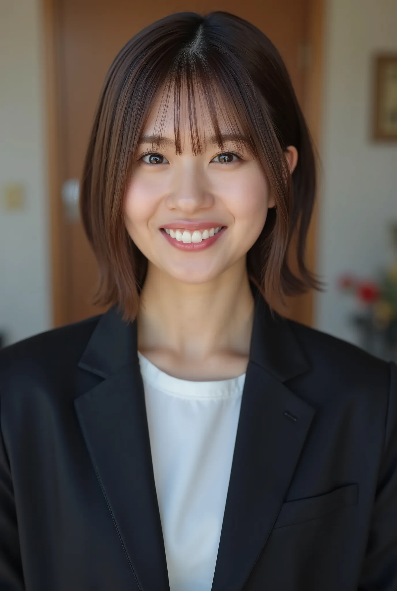 Neat Young Woman、and look at the camera、smile showing teeth、office lady suit、jacket、shirt、ネクタイ、髪型ショートカット、耳にピアス、、 、dark eyeshadow、upper body、Background is in a room、