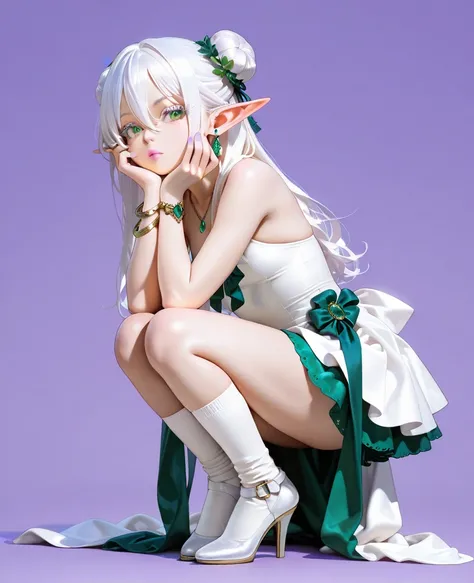 masterpiece,Highest Quality,Ultra High Definition,Photorealistic,8K Ultra HD,ultra high definition,solo,1 girl,full body,stares at the viewer,bungs, white hair,long hair,2 bun knot,hair between eyes,elf ears,lilac background,simple background,emerald green eyes,Thick eyelashes,White eyelashes,challenging gaze,tied her lips,pink lips,gem,earrings,necklace,bracelets,White Mini Dress,Bare shoulders,white swimsuit,detailed fabric creases,graceful posture,Place your hand on your cheek,Light purple nails,white high heels,white overknee socks,neutral color palette,