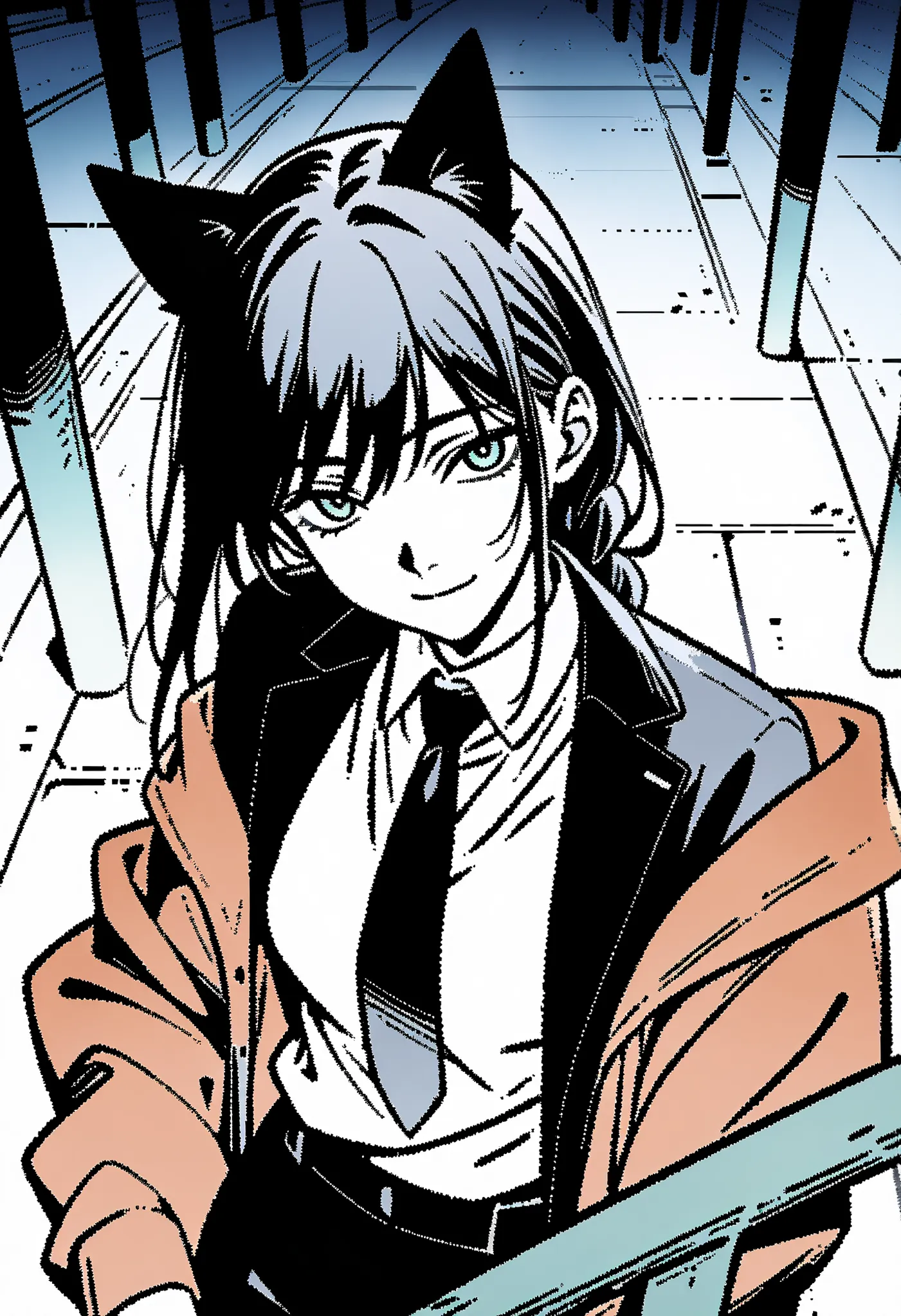 1 girl with cat ears, hand \(Chainsaw Man\), Chainsaw Man, black jacket, Black Necktie, Black Pants, braid, business Set, nail, formal, hand托腮,  wearing a jacket , light Smile, long sleeve, looking at the audience, Find, medium size chest,  working woman ,...