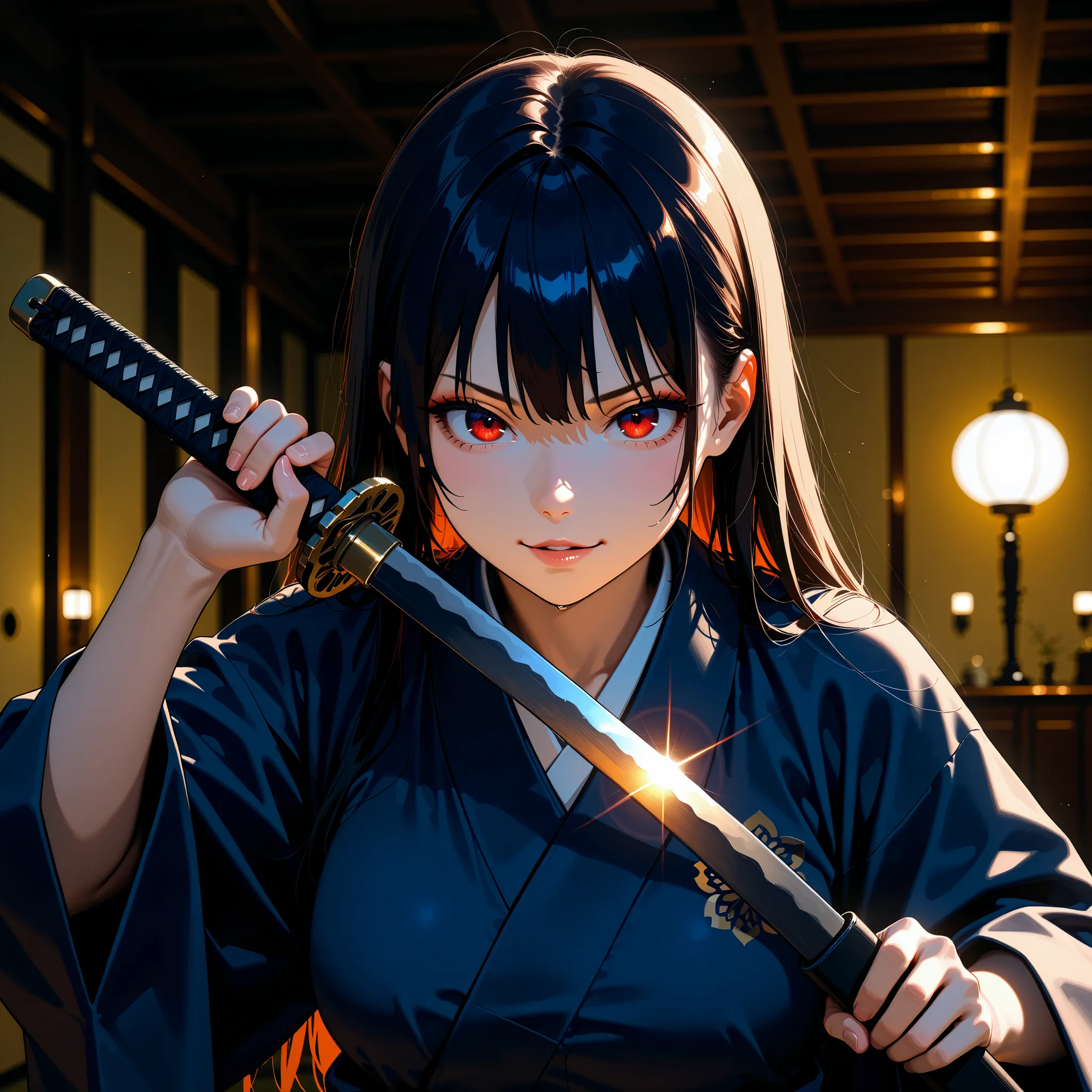 In a dynamic motion,japanese women ,samurai, evil look,,combat stance, wielding a sword, highly detailed, detail eyes,iris,vibrant appearance, creative behavior, extremly detailed, imaginative, sensual, spontaneous, highest quality, skin texture, intricate...