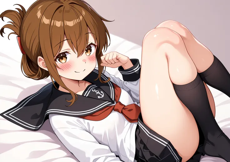 1girl, solo, looking at viewer, blush, smile, short hair, skirt, brown hair, long sleeves, hair between eyes, brown eyes, school uniform, pleated skirt, lying, serafuku, socks, black skirt, sailor collar, neckerchief, kneehighs, black socks, red neckerchie...