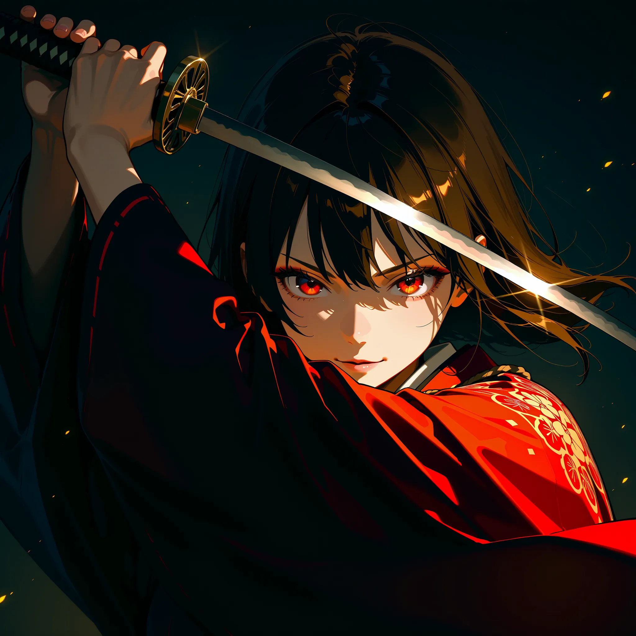 In a dynamic motion,japanese women ,samurai, evil look,,combat stance, wielding a sword, highly detailed, detail eyes,iris,vibrant appearance, creative behavior, extremly detailed, imaginative, sensual, spontaneous, highest quality, skin texture, intricate...
