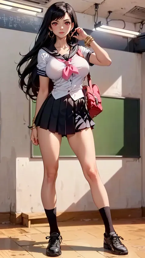 ((1girl, solo ,alone, ((tifa lockhart, defTifa, red eyes, black hair, long hair, earrings, red eyes)), gold bracelets, ruby earrings)), ((solo, 1woman, pink lipstick, Extremely detailed, ambient soft lighting, 4k, perfect eyes, a perfect face, perfect lighting, a 1girl)), austere, ((fitness,, shapely body, athletic body, toned body)),  (((Cute High School Girl, full body, gyaru, gal schoolgirl, class room, sailor school uniform, smug, white shirt,  school bag)))