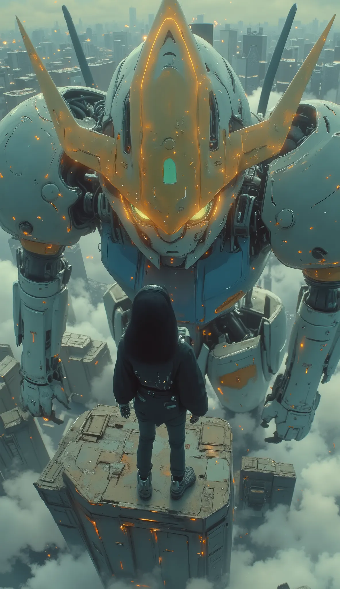 Studying Gundam Barbatos、B4RBAT0S、full body, seen from above , Japanese woman in pilot suit 、auroras、Japanese woman in a pilot suit standing on the palm of a giant mecha、Studying Gundam Barbatos、B4RBAT0S 、 dynamic setting 、 taken with a fisheye lens