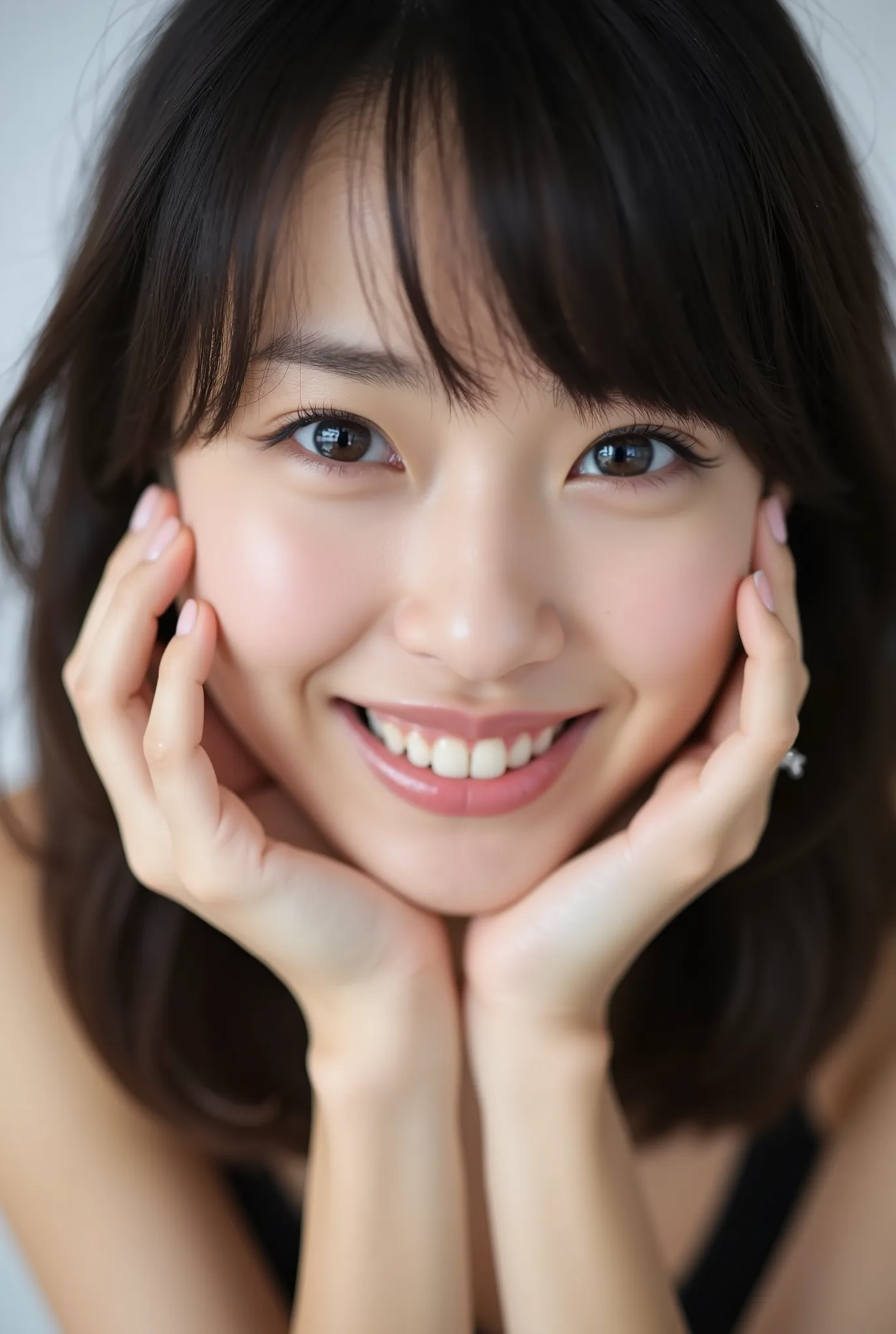 (extreme close-up portrait, ultra photorealistic, DSLR photo aesthetic, cinematic soft studio lighting, glowing white bokeh, masterpiece level detail, shallow depth of field, clean white studio background),

a stunningly cute Japanese woman in her early tw...