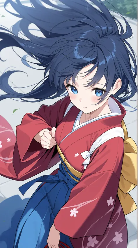 female, beautiful woman in kimono , Japanese clothes based on blue, Strong wind disturbing her hair, Holding down disheveled hair,