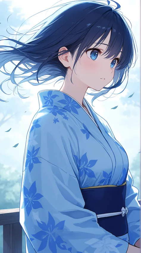 female, beautiful woman in kimono , Japanese clothes based on blue, Strong wind disturbing her hair, Holding down disheveled hair,