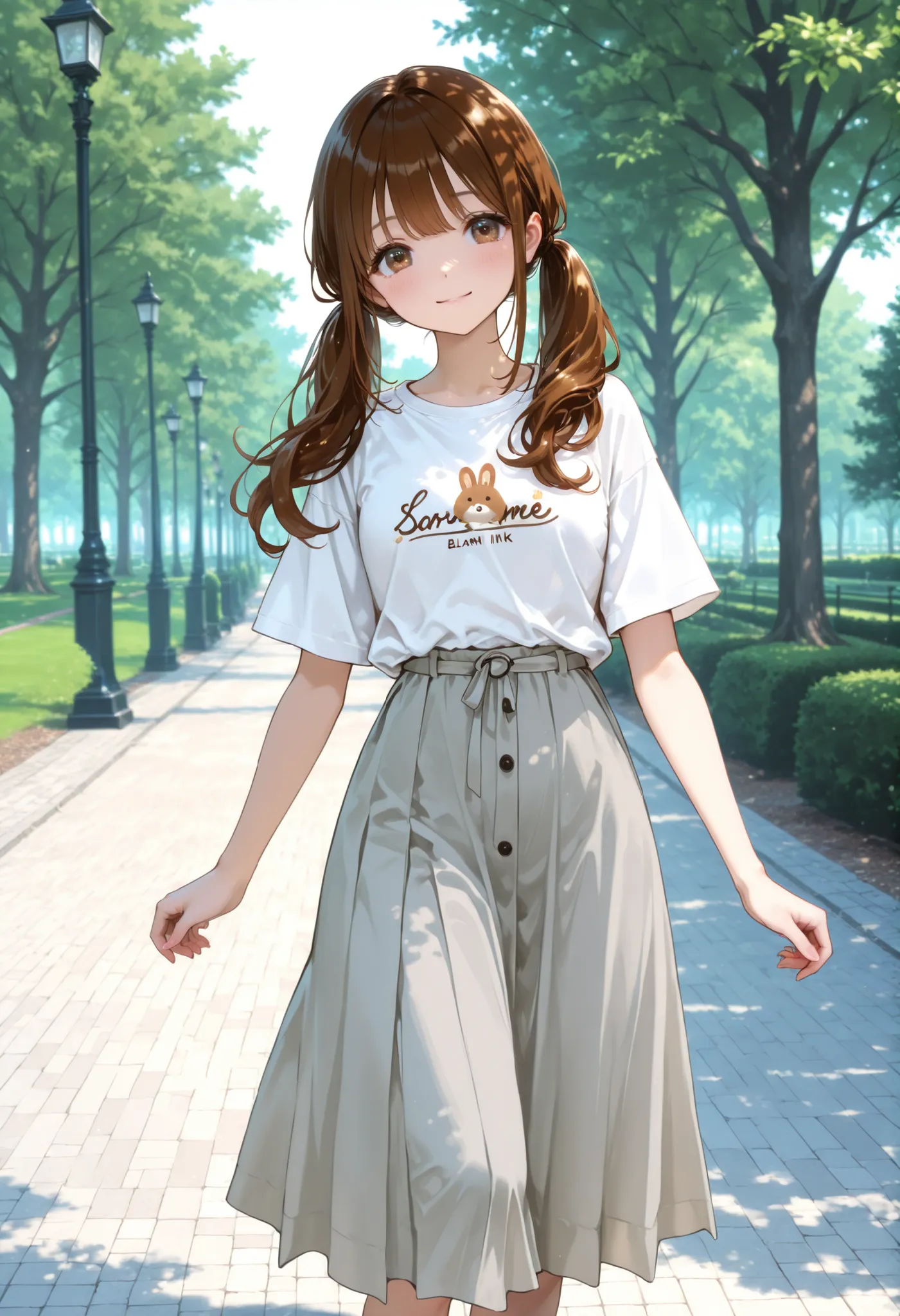 brown hair long hair、plain white t-shirt、Grey Long Skirt、smile、walking in the park、Caramel brown、long twintails