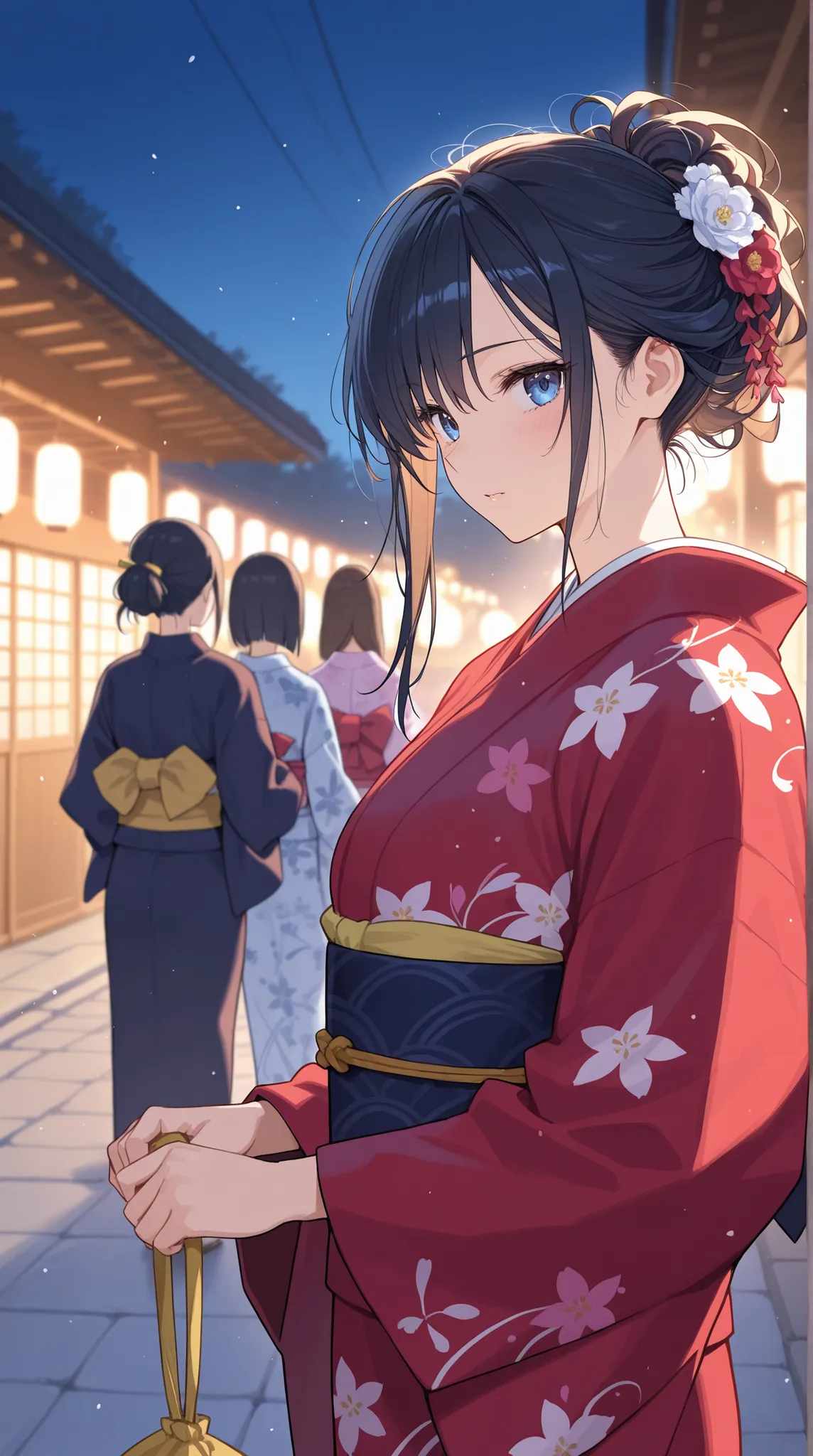 female, beautiful woman in kimono , Japanese clothes based on blue, Strong wind disturbing her hair, Holding down disheveled hair,
