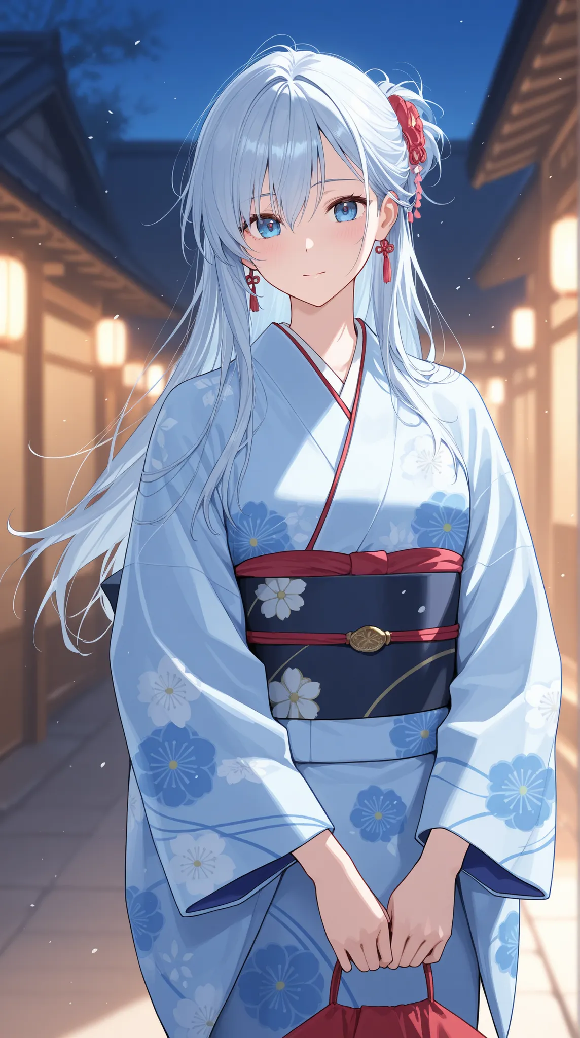 female, beautiful woman in kimono , Japanese clothes based on blue, Strong wind disturbing her hair, Holding down disheveled hair,