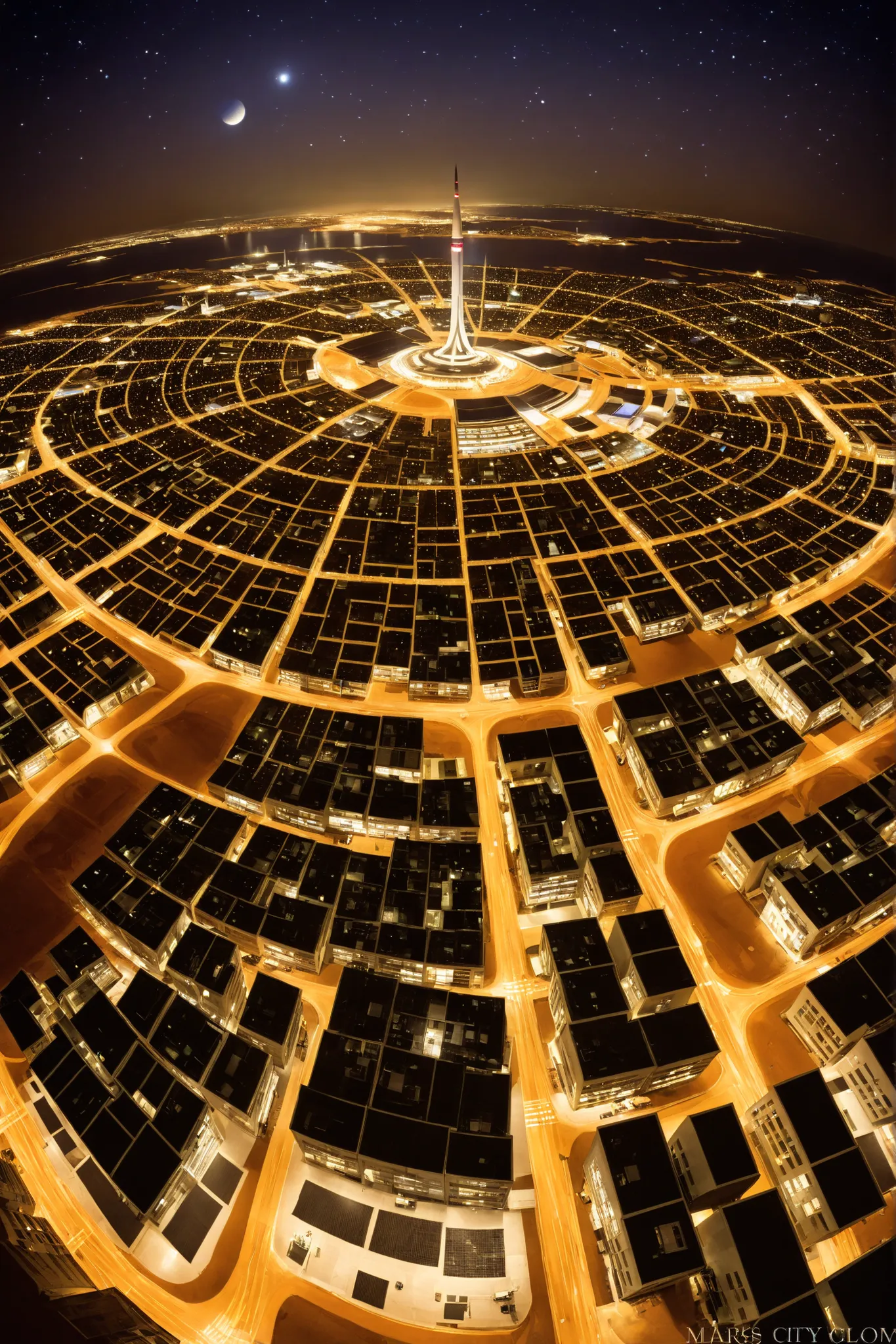 MARS CITY , Night life, fotografia panoramica de la Night life en una colonia espacial