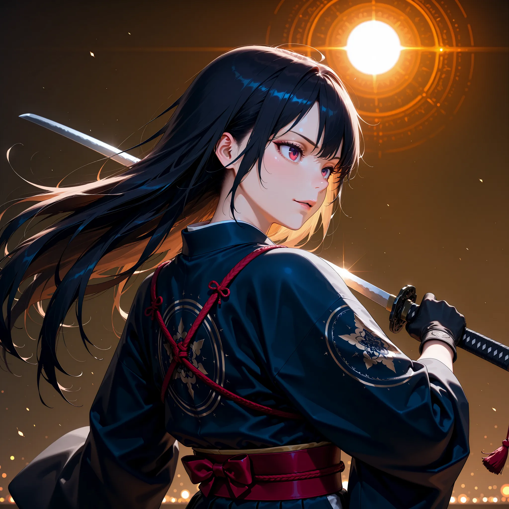 In a dynamic motion,japanese women ,samurai, evil look,,combat stance, wielding a sword, highly detailed, detail eyes,iris,vibrant appearance, creative behavior, extremly detailed, imaginative, sensual, spontaneous, highest quality, skin texture, intricate...