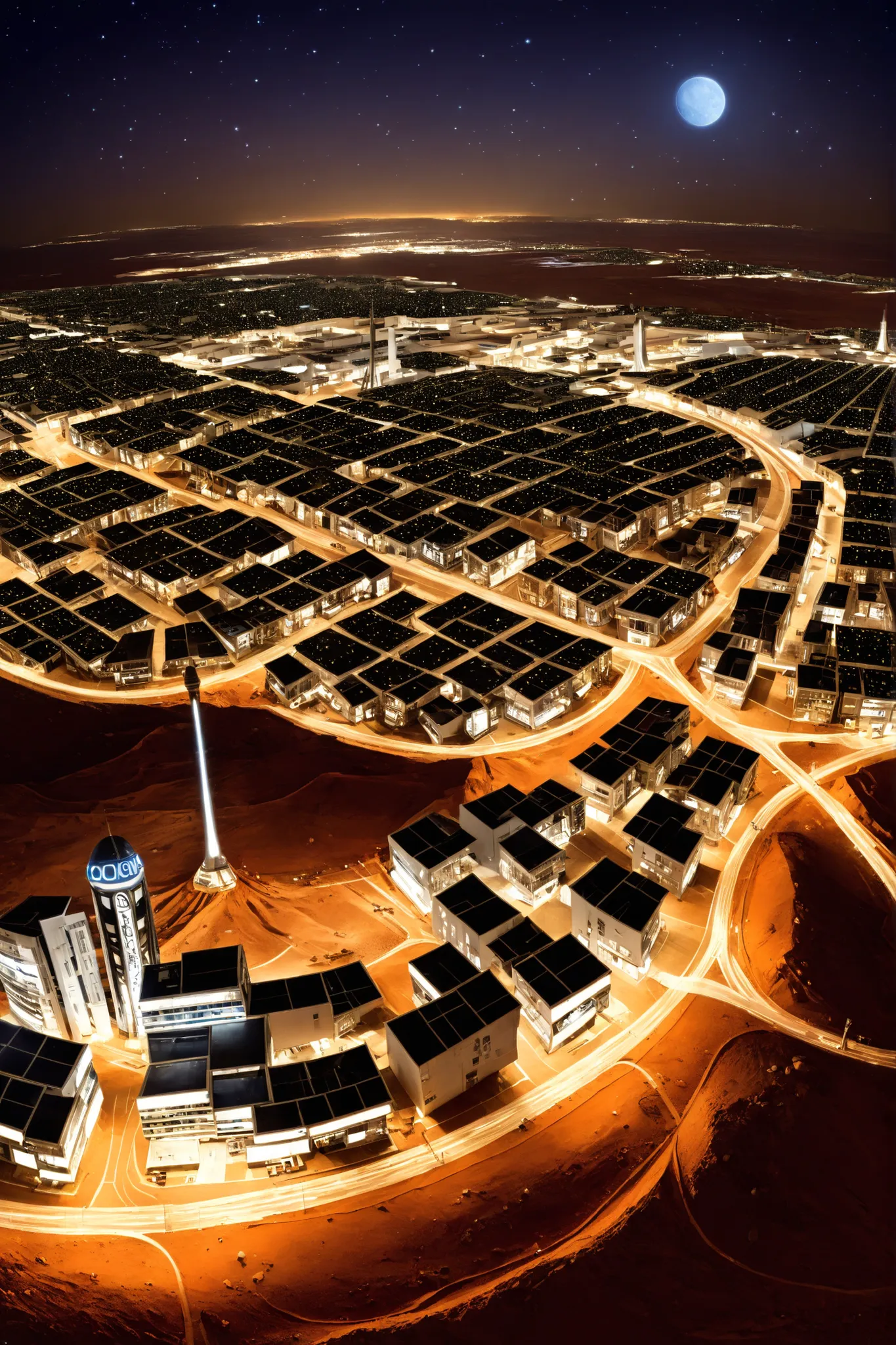 MARS CITY , Night life, fotografia panoramica de la Night life en una colonia espacial