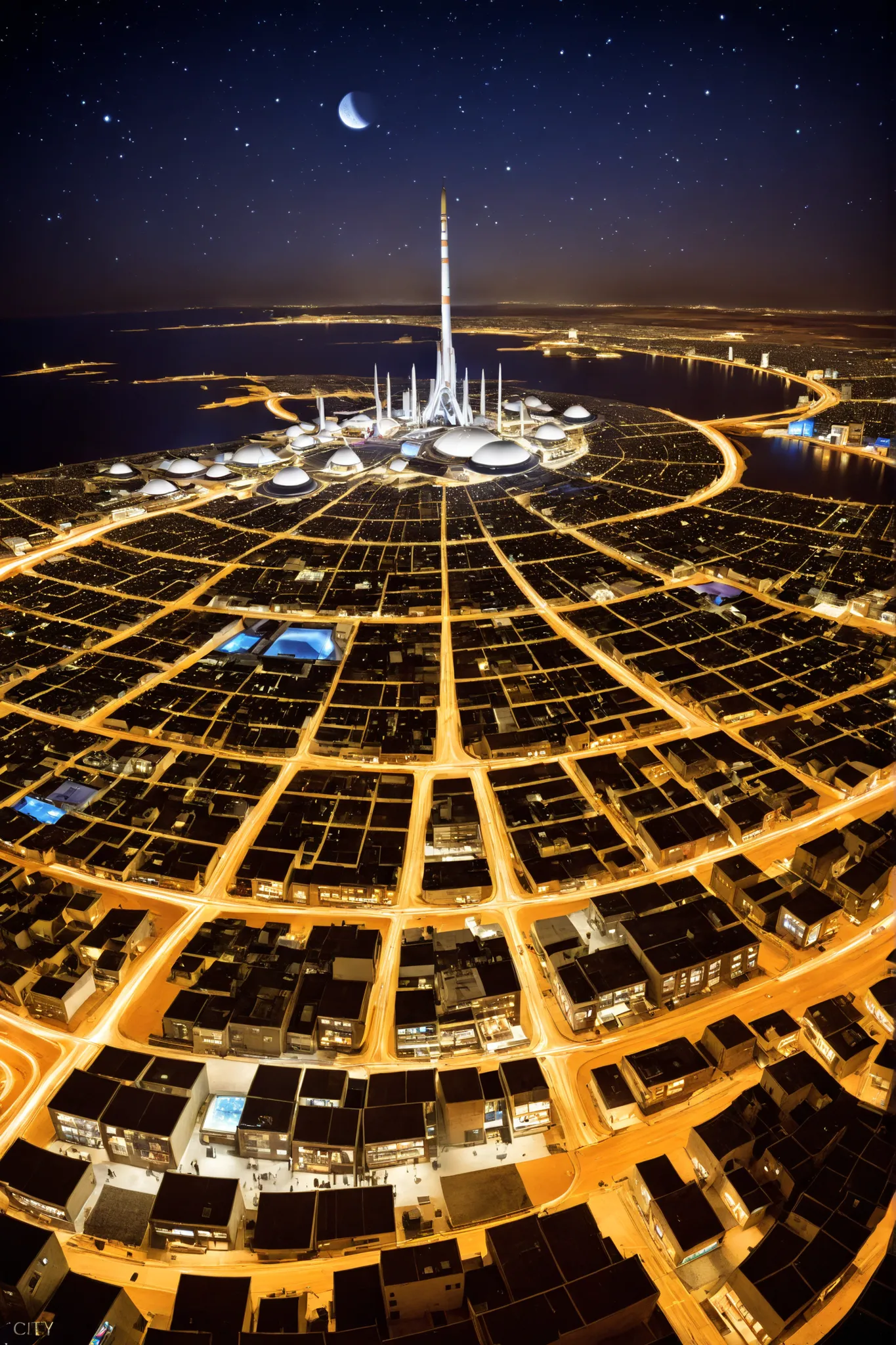 MARS CITY , Night life, fotografia panoramica de la Night life en una colonia espacial