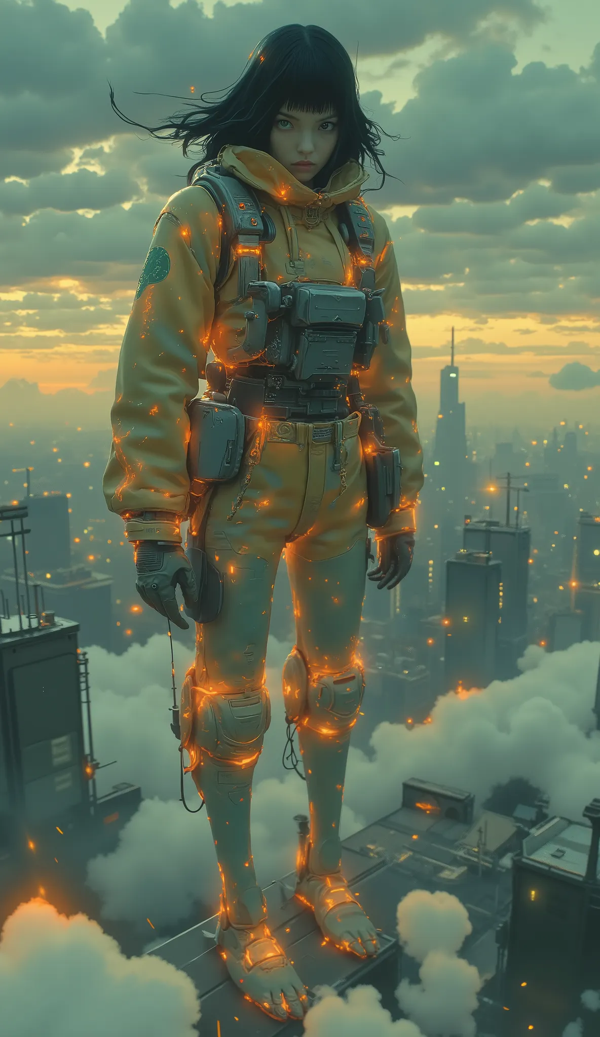 full body, seen from above , Japanese woman in pilot suit 、auroras、Japanese woman in a pilot suit standing on the palm of a giant mecha、Studying Gundam Barbatos、B4RBAT0S 、 dynamic setting 、 taken with a fisheye lens