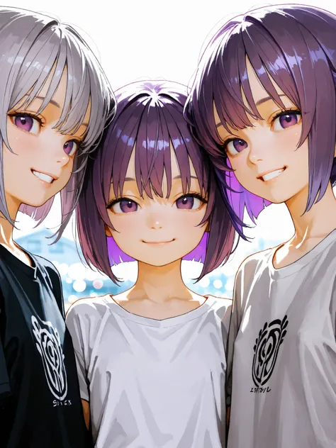 short girl, Sisters Girls,is young, flat chested,realisticな外観, big purple eyes, short bob、Two-tone purple hair and gray hair、plain t-shirt with extended collar、 has a bright smile、Outdoors、細部にこだわったrealisticな影、movie stills, real、Highest Quality, realistic, ...