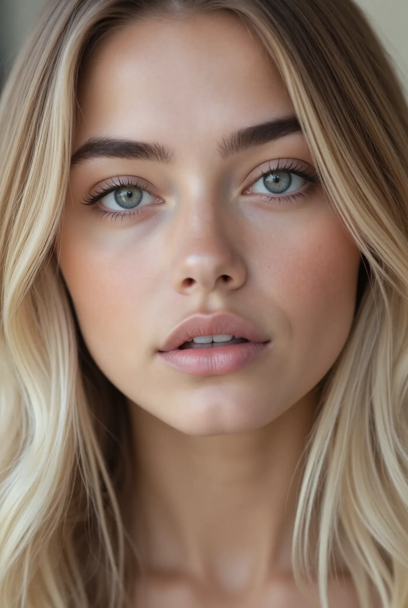 Perfect photo of a 20 year old girl, she has a beautiful face, Latin and European appearance, plump lips, Ultra High Resolution. Photorealistic format: 0 , 1.4 , UHD straight blonde hair, gray eyes, detailed skin, bright colors, soft focus (real skin), car...