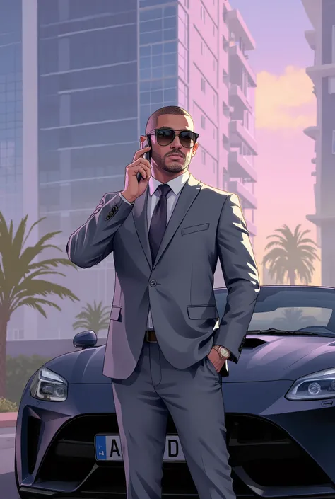 GTA 6 style: A smartly dressed man in a grey suit with a buzz cut and sunglasses stands beside a black sports car outside a high-rise hotel at dawn, holding a phone to his ear and glancing sideways, as pink-orange morning light reflects off glass windows a...