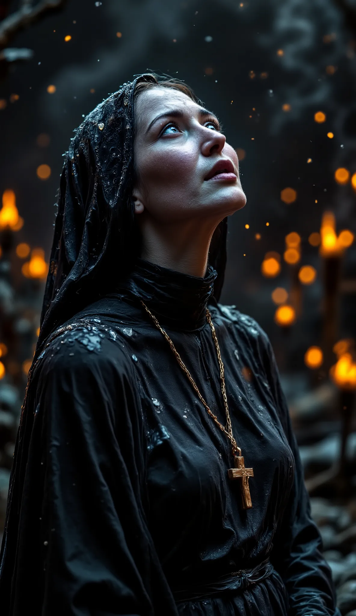 Epic realistic portrait, Black and white photography, 25 years old scantily clad sexy sad nun looking up on right side into heaven with jesus on the wooden cross necklace on the chest, warmth of breath exhalation from nose and little open mouth, goose pimp...