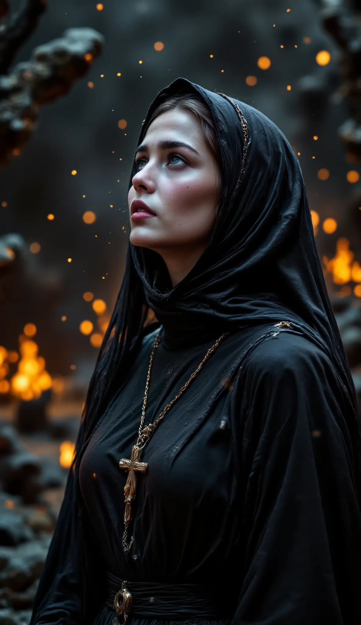 Epic realistic portrait, Black and white photography, 25 years old scantily clad sexy sad nun looking up on right side into heaven with jesus on the wooden cross necklace on the chest, warmth of breath exhalation from nose and little open mouth, goose pimp...