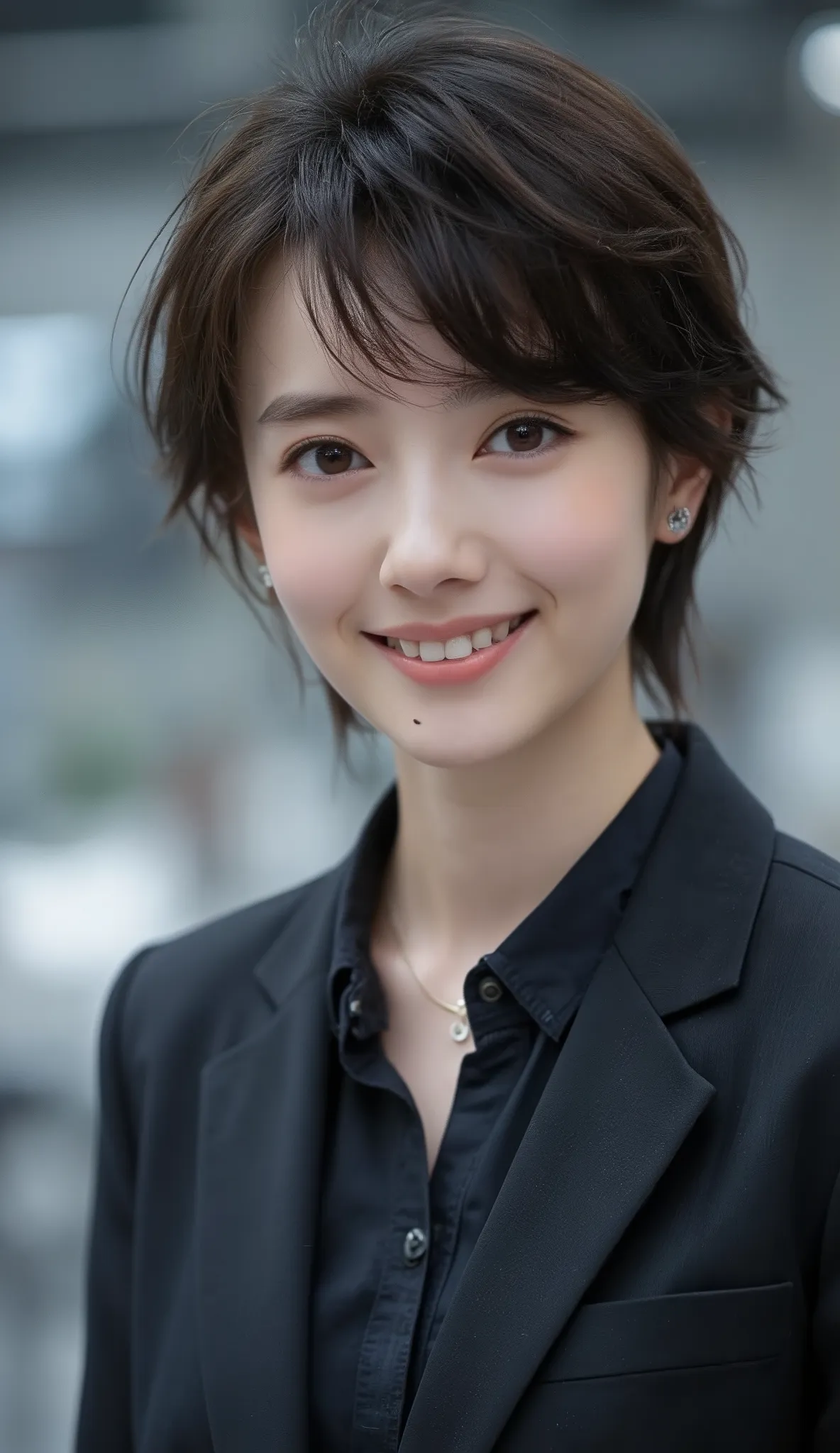 Neat Young Woman、and look at the camera、dark eyeshadow、 pale brown hair、Hairstyle Shortcuts、歯を見せた笑顔、office lady suit、jacket、shirt、、Background is in a room、
