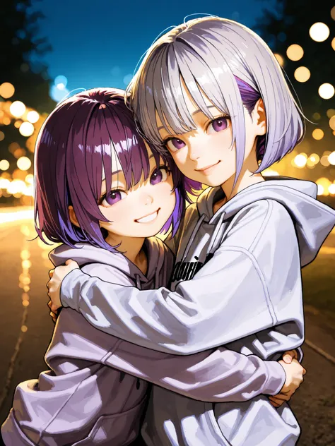 short girl, Sisters Girls,is young, flat chested,realisticな外観, big purple eyes, short bob、Two-tone purple hair and gray hair、plain hoodie、 has a bright smile、hug each other、Outdoors、細部にこだわったrealisticな影、movie stills, real、Highest Quality, realistic, 4K Rend...