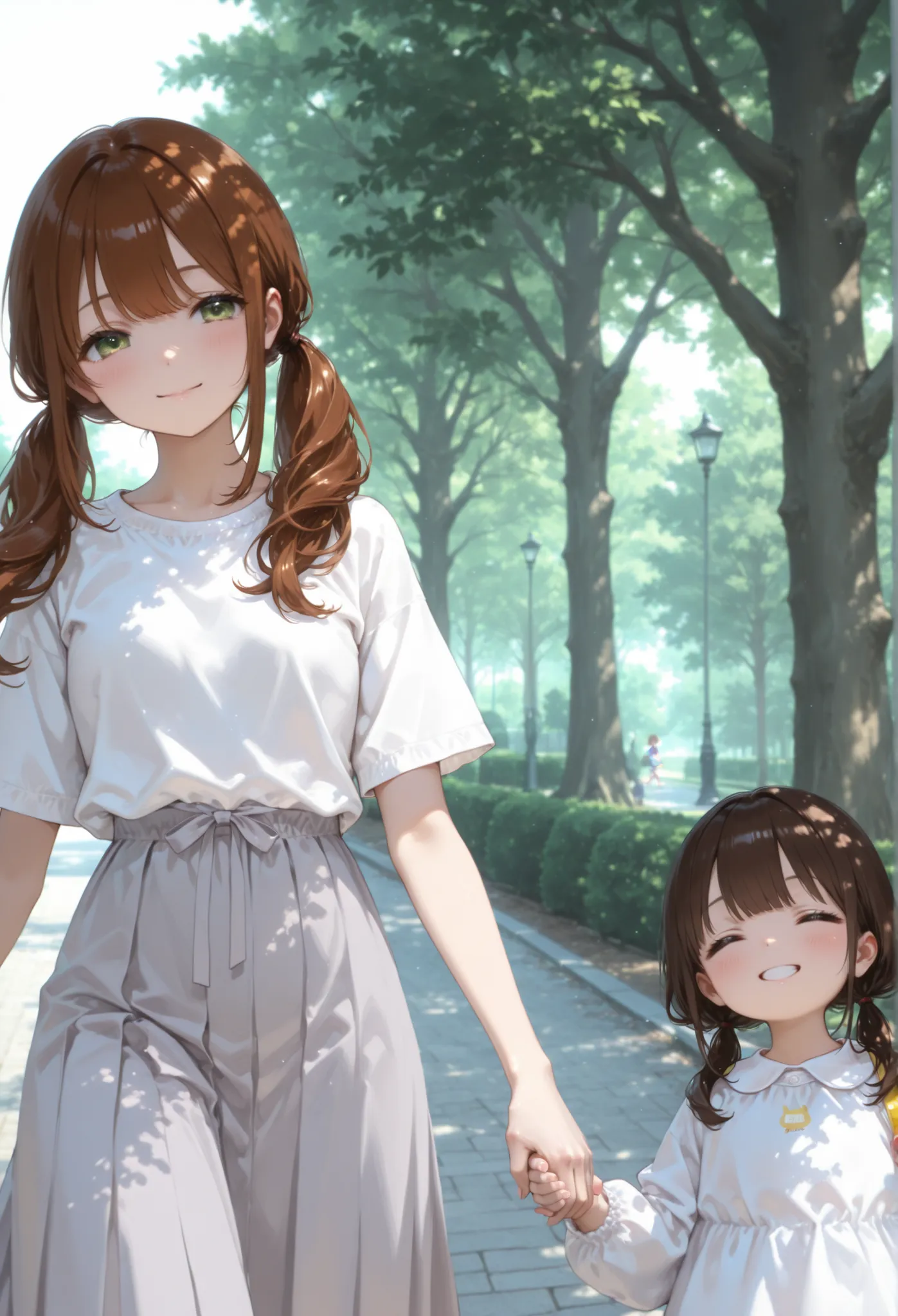 Hair、plain white t-shirt、Grey Long Skirt、smile、walking in the park、Caramel brown、low twintails、Holding Hands、white kindergarten clothes、kindergarten