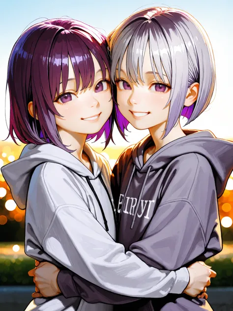 short girl, Sisters Girls,is young, flat chested,realisticな外観, big purple eyes, short bob、Two-tone purple hair and gray hair、plain hoodie、 has a bright smile、hug each other、Outdoors、細部にこだわったrealisticな影、movie stills, real、Highest Quality, realistic, 4K Rend...