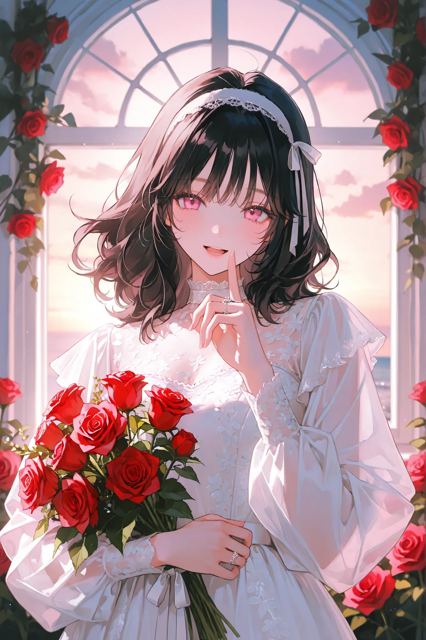 upper body, (full of blooming red roses, lush floral backdrop,background filled with flowers, white Arch window, flower wall background,romantic atmosphere, soft lighting, dreamy aesthetic, Holding a Rich bouquet of red roses), 1 girl, (solo), cute girl, ...