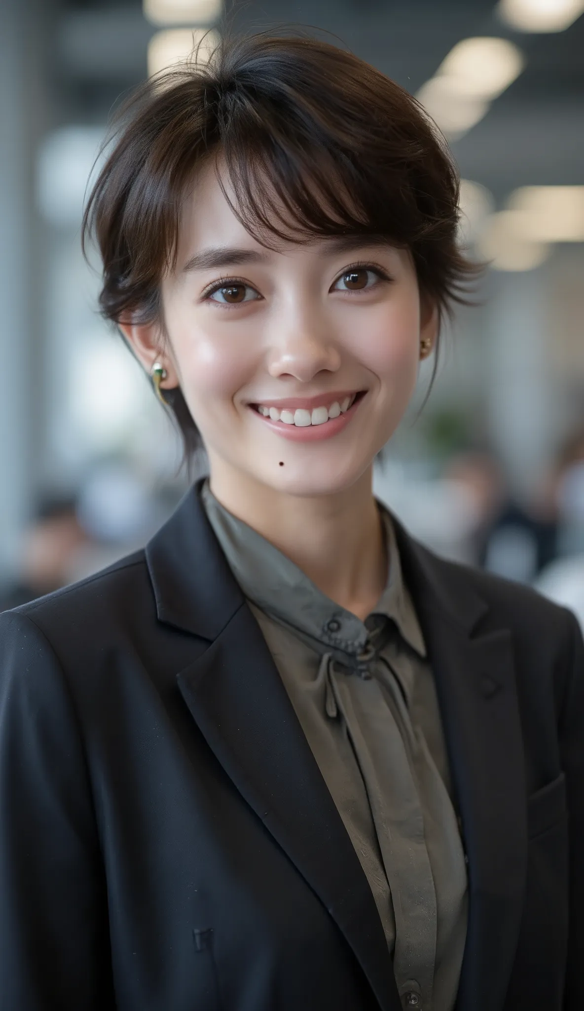 Neat Young Woman、and look at the camera、dark eyeshadow、 pale brown hair、Hairstyle Shortcuts、歯を見せた笑顔、office lady suit、jacket、shirt、、Background is in a room、
