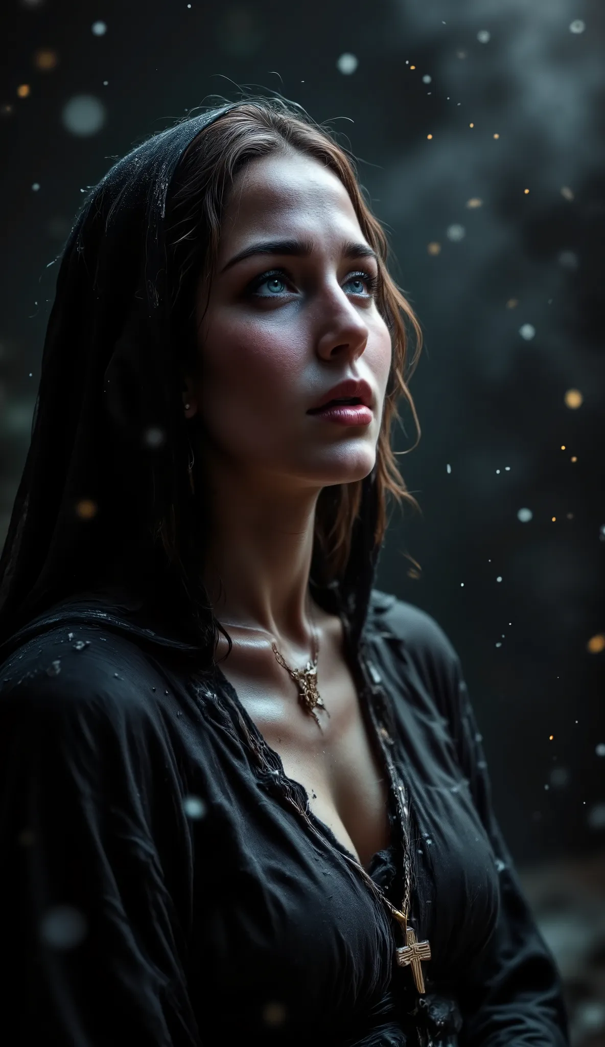 Epic realistic portrait, Black and white photography, 25 years old scantily clad sexy sad nun looking up on right side into heaven with jesus on the wooden cross necklace on the chest, warmth of breath exhalation from nose and little open mouth, goose pimp...