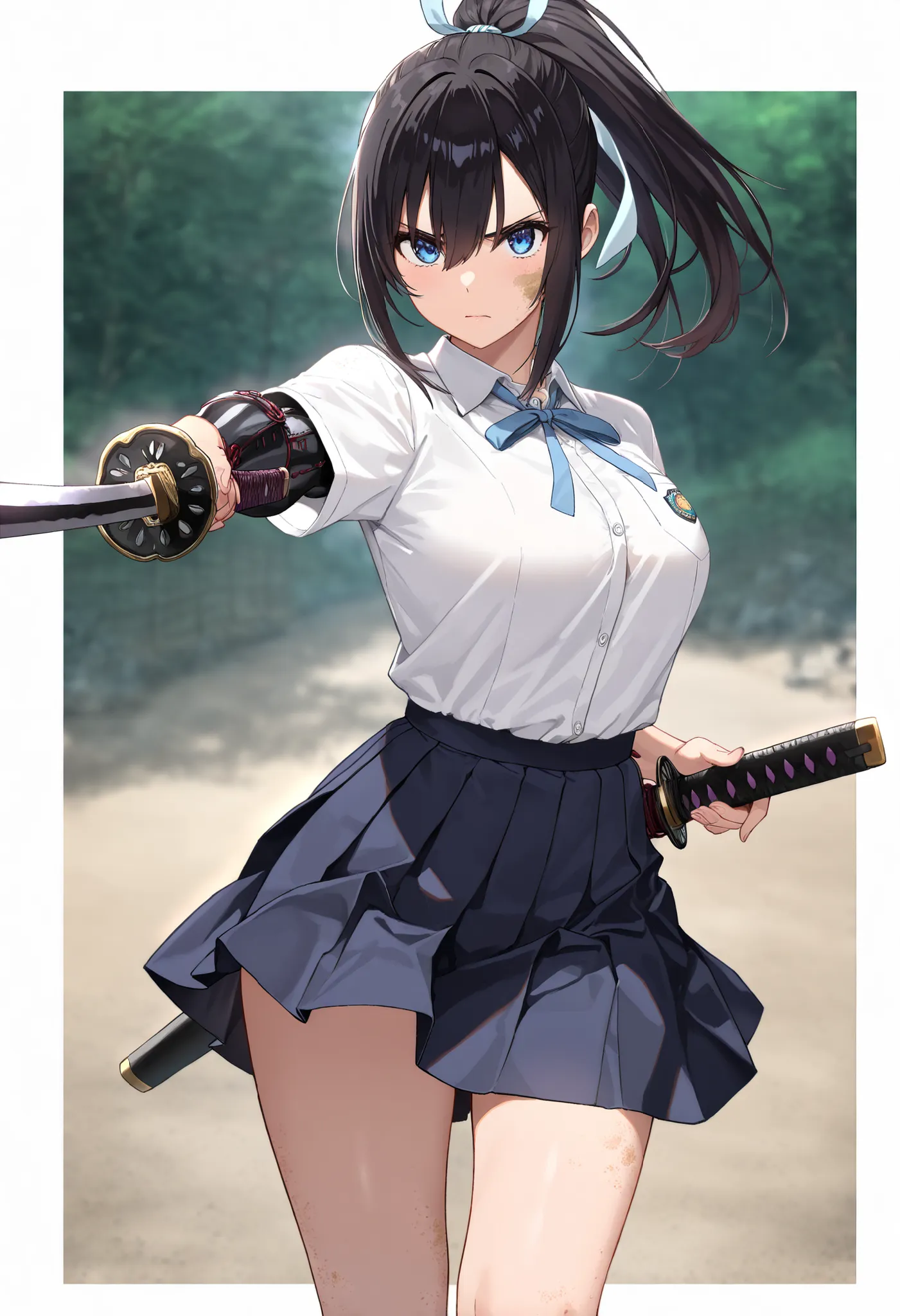 ((best quality)), ((masterpiece)), (detailed), perfect face, textured skin, ((super detail)), high quality, high details, Female swordsman, samurai, Japanese sword, holding a Japanese sword, High school girl, summer uniform, short-sleeved shirt, light blue...
