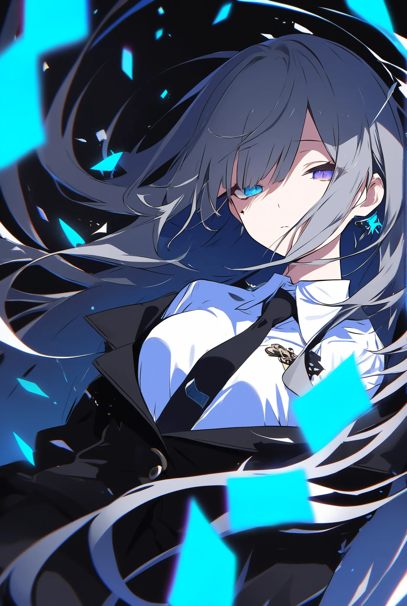 A person with long, flowing dark gray hair enhanced inside a turquoise gradient The hair features a small, distinctive blue accessory shaped like a device clipped near the ear. The individual is dressed in broken black suit, a tight black slacks and white ...