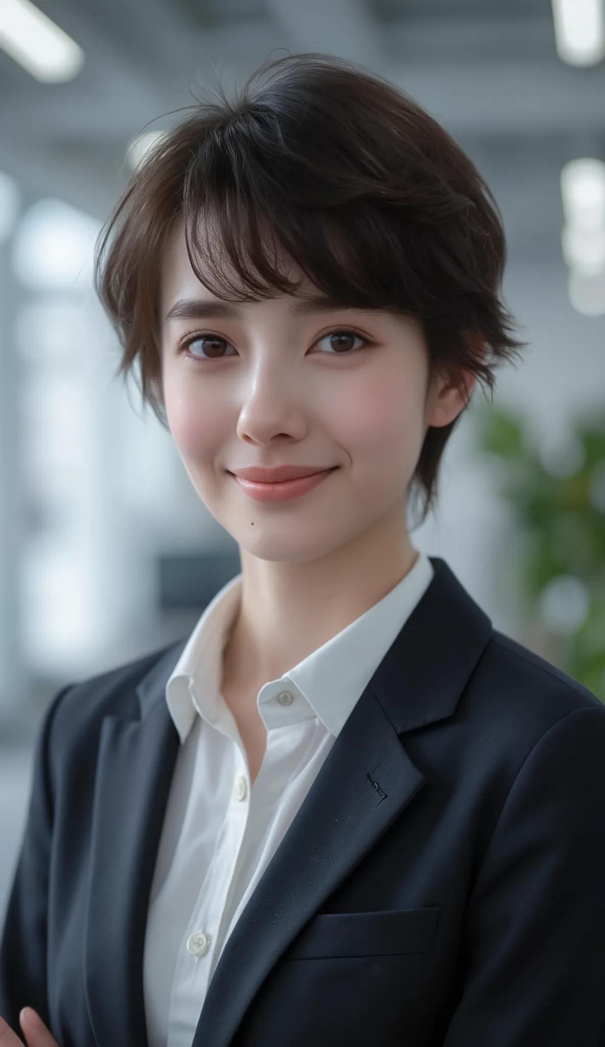 Neat Young Woman、and look at the camera、dark eyeshadow、 pale brown hair、Hairstyle Shortcuts、歯を見せた笑顔、office lady suit、jacket、shirt、、Background is in a room、
