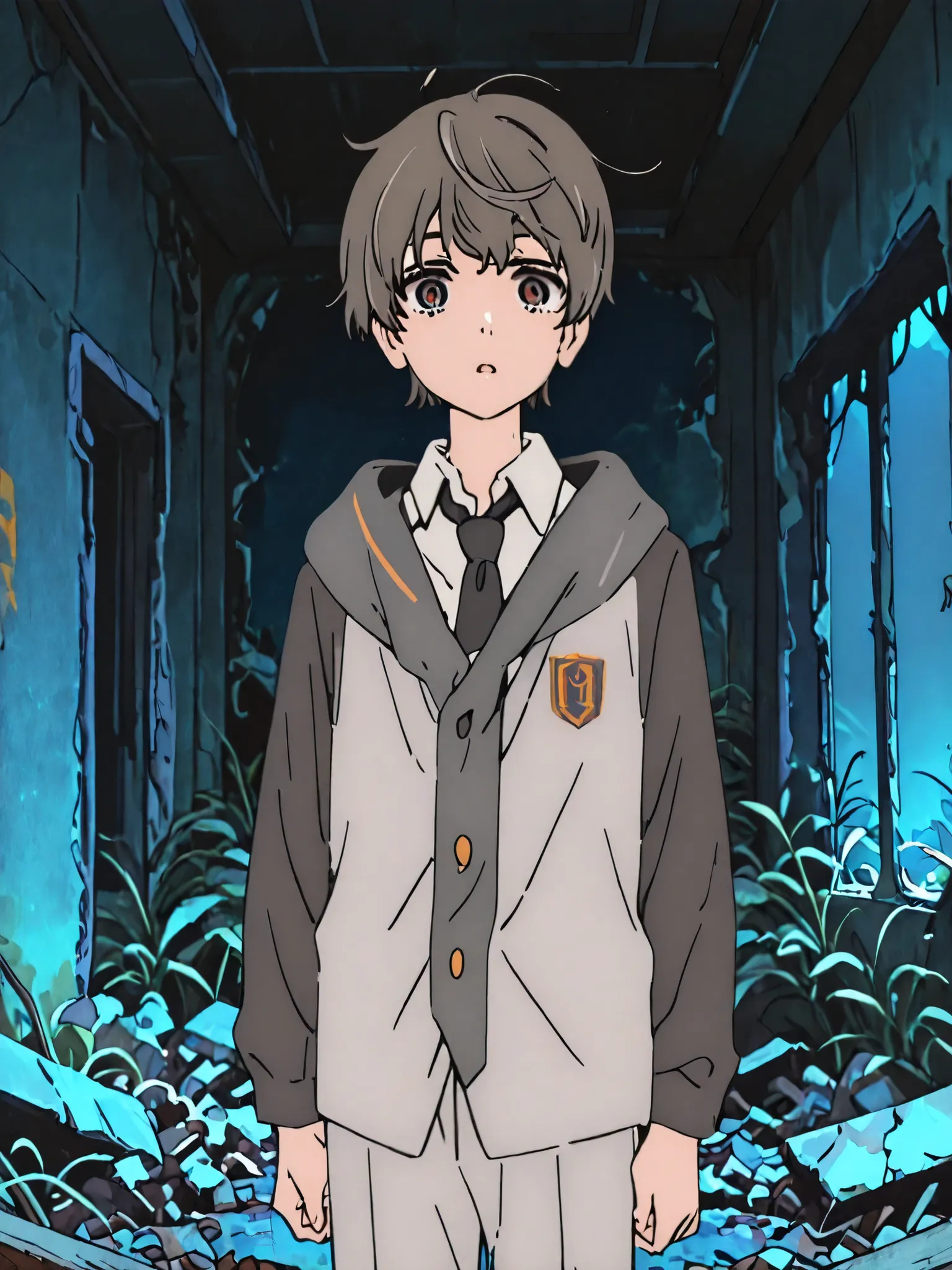One boy finds a girl in the ruins at night
surprised face
short hair
Facing the front
Bust up
Lower your gaze
grey high school uniform
blazers
grey slacks