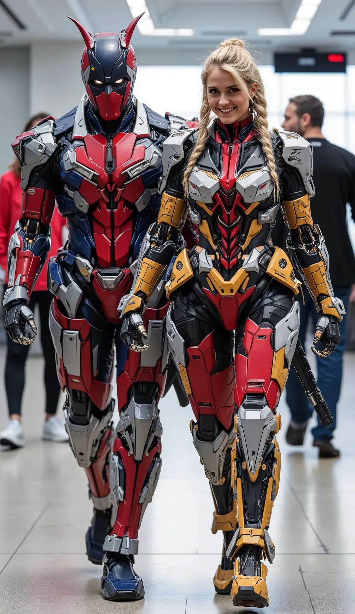 character: 1 man with mask full head Wearing futuristic red Deadpool body suit with blue silver armor gundam white accents, and 1 woman with mask blonde hair with two braids Wearing futuristic red Deadpool body suit with gold silver armor gundam white ac...