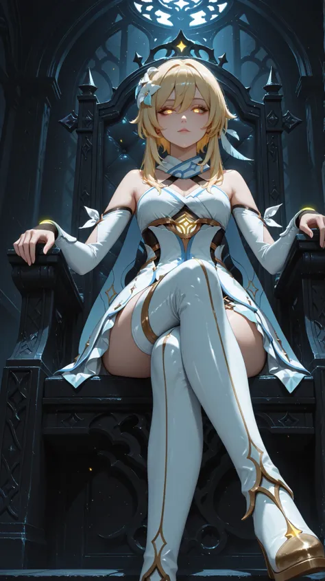(Masterpiece, absurdres, newest, topquality) 1boy, solo, lumineSDXL,1girl,blonde hair,hair ornament,thighhighs,gloves,dress,hair between eyes,bare shoulders,yellow eyes,flower,sidelocks,detached sleeves,hair flower,scarf,white dress,thigh boots,white footw...
