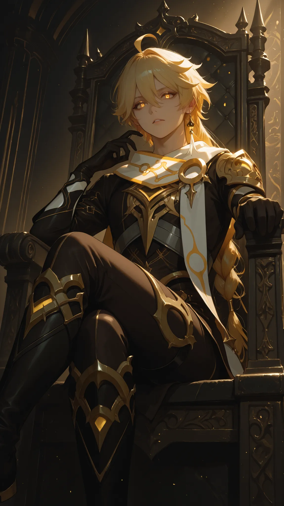 (Masterpiece, absurdres, newest, topquality) 1boy, solo, aether,yellow eyes, blonde hair, long hair, ahoge, hair between eyes,braid, single braid, dynamic background, looking at viewer, low angle, villain expression, standing, dynamic pose, glowing eyes, t...