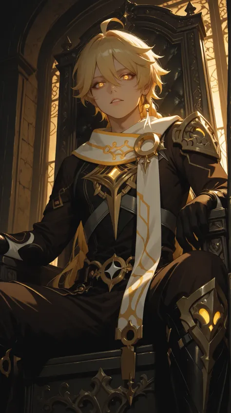 (Masterpiece, absurdres, newest, topquality) 1boy, solo, aether,yellow eyes, blonde hair, long hair, ahoge, hair between eyes,braid, single braid, dynamic background, looking at viewer, low angle, villain expression, standing, dynamic pose, glowing eyes, t...