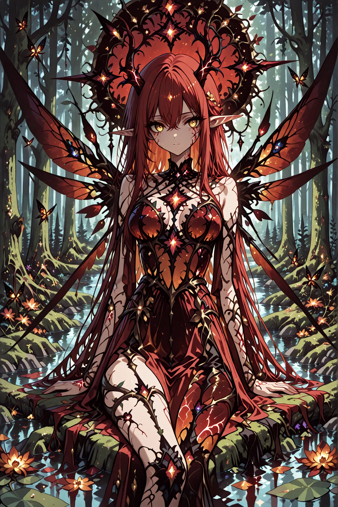 1 girl , golden eyes , very long hair , long sidelocks, red hair ,half updo, petite , very cute , beautiful ,Straight hair, cool, handsome, hair between eyes, sexy, medium breasts , fairy queen , hair spills around her like blood in water, wilted blooms of...
