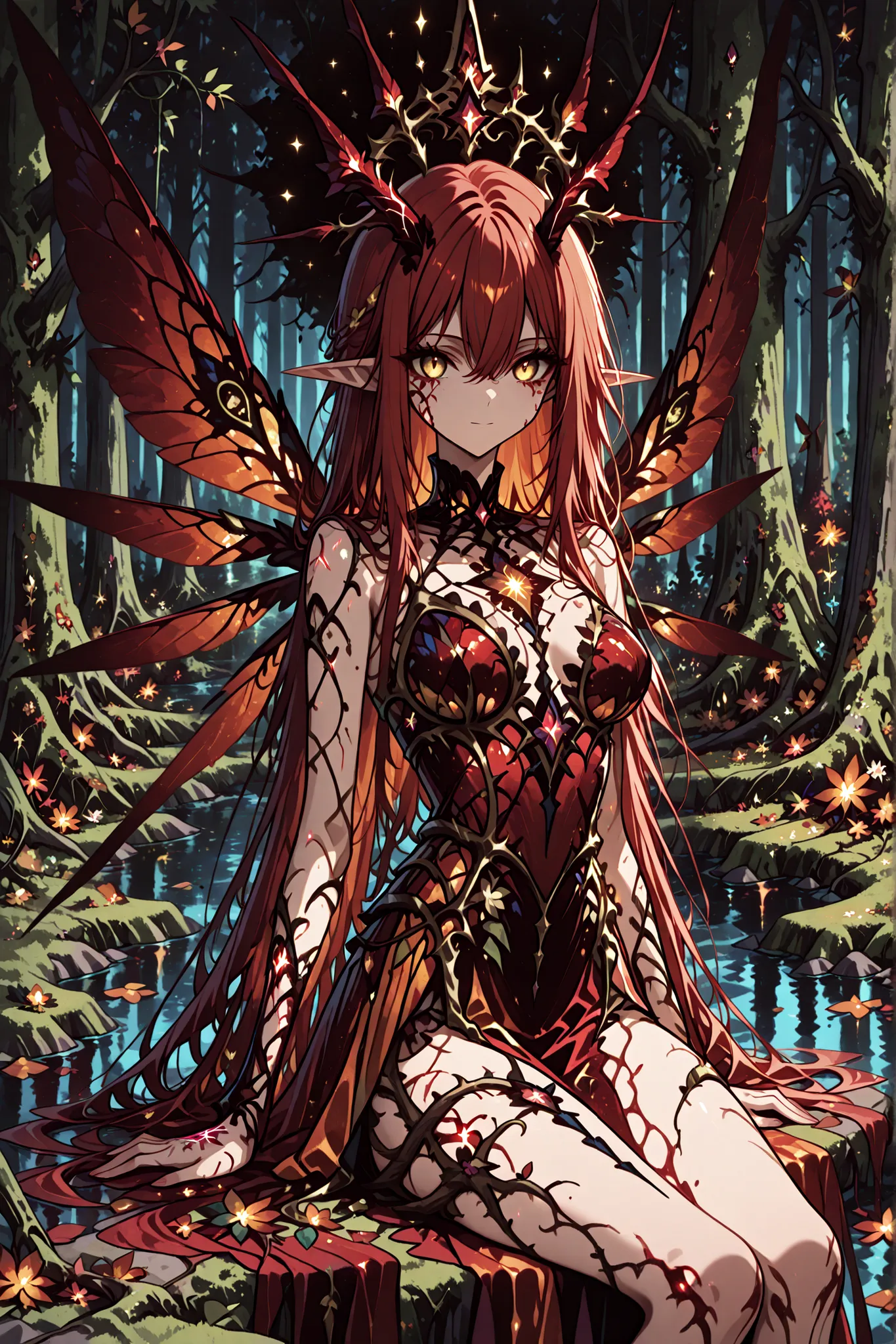 1 girl , golden eyes , very long hair , long sidelocks, red hair ,half updo, petite , very cute , beautiful ,Straight hair, cool, handsome, hair between eyes, sexy, medium breasts , fairy queen , hair spills around her like blood in water, wilted blooms of...
