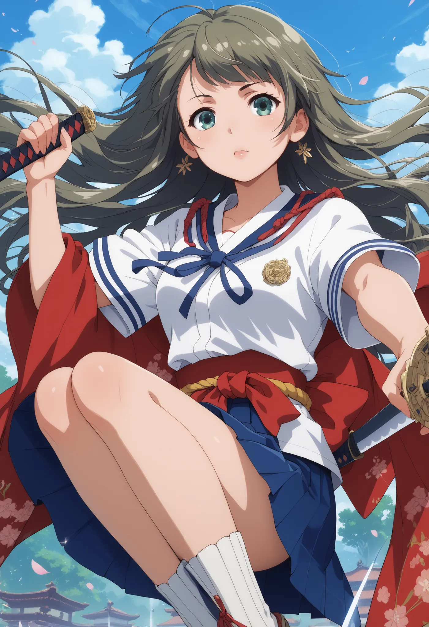((best quality)), ((masterpiece)), (detailed), perfect face, textured skin, ((super detail)), high quality, high details, Female swordsman, samurai, Japanese sword, holding a Japanese sword, High school girl, summer uniform, short-sleeved shirt, light blue...