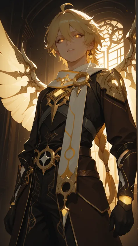 (Masterpiece, absurdres, newest, topquality) 1boy, solo, aether,yellow eyes, blonde hair, long hair, ahoge, hair between eyes,braid, single braid, dynamic background, looking at viewer, low angle, villain expression, standing, dynamic pose, glowing eyes, t...