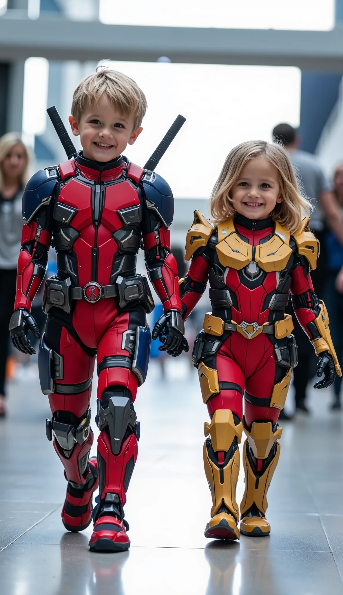 character: 1 baby boy blonde hair Wearing futuristic red Deadpool body suit with blue silver armor gundam white accents, and 1 baby girl blonde hair Wearing futuristic red Deadpool body suit with gold silver armor gundam white accents . They Looks Europe...