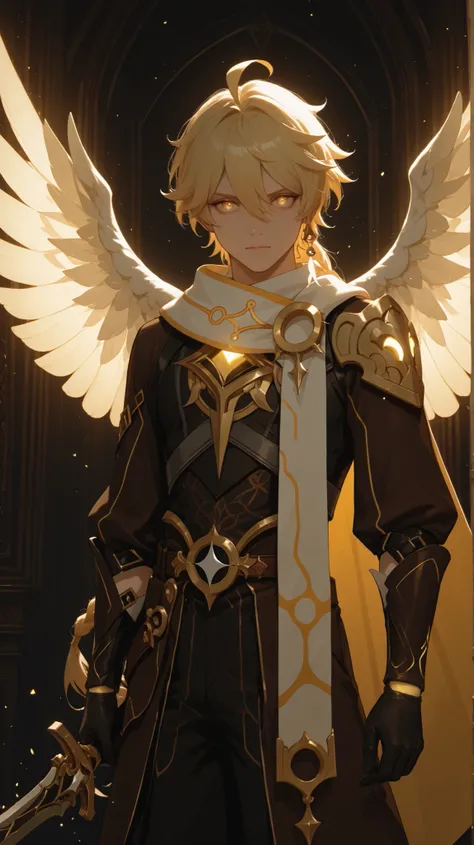 (Masterpiece, absurdres, newest, topquality) 1boy, solo, aether,yellow eyes, blonde hair, long hair, ahoge, hair between eyes,braid, single braid, dynamic background, looking at viewer, villain expression, standing, dynamic pose, glowing eyes, the best wal...