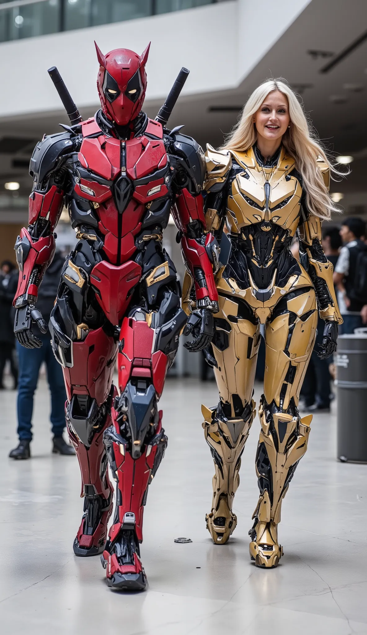 character: 1 man blonde hair Wearing futuristic red Deadpool body suit with blue silver armor gundam white accents, and 1 woman blonde hair Wearing futuristic red Deadpool body suit with gold silver armor gundam white accents . They Looks Europe face.
a...