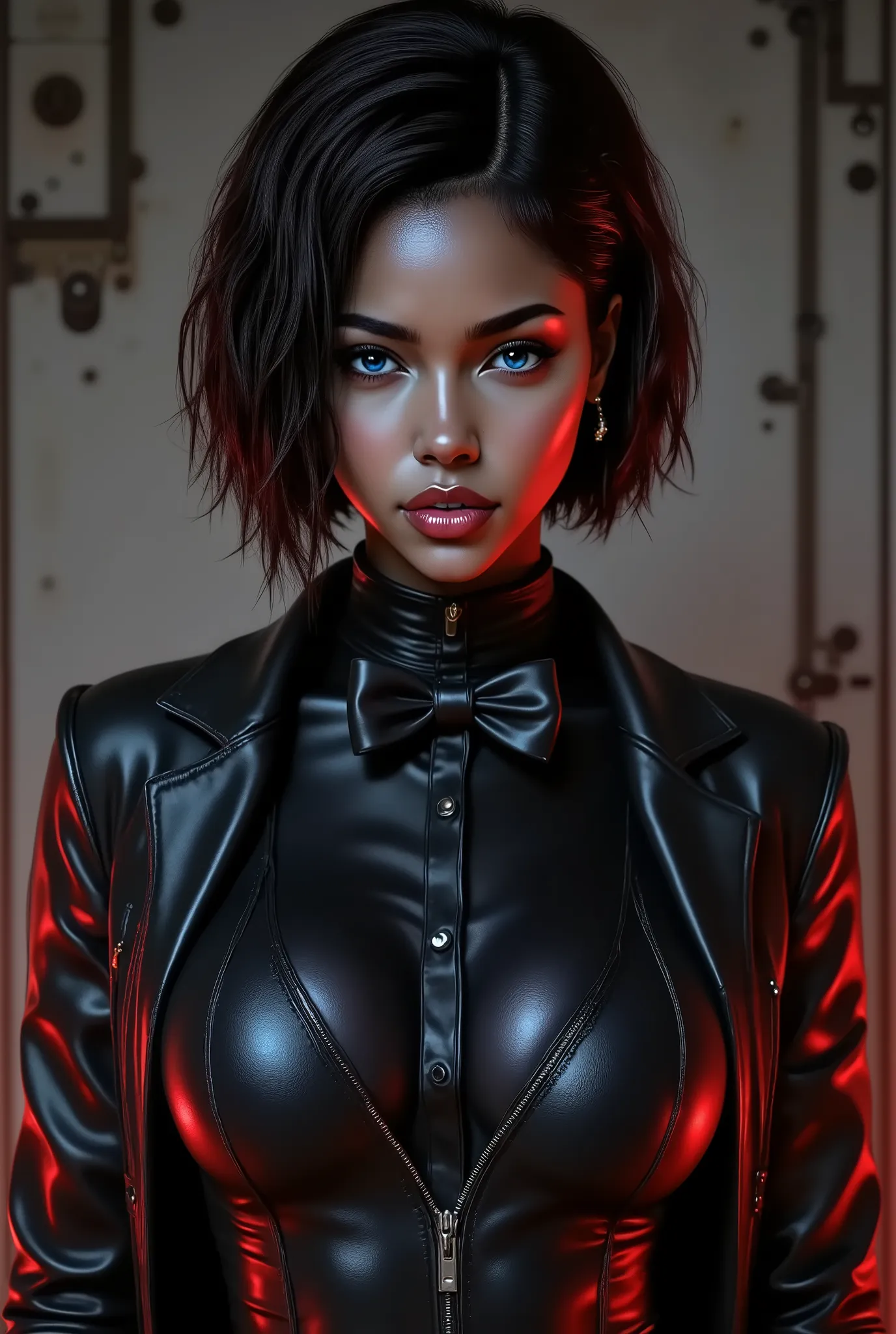 (absurdres, highres, ultra detailed), masterpiece, bi-racial woman as ada wong (resident evil), ((solo)), short hair, 1girl, skirt suit, tuxedo, black jacket, waistcoat, black bowtie, bodycon skirt, black clothing, miniskirt, closed mouth, standing, (((det...